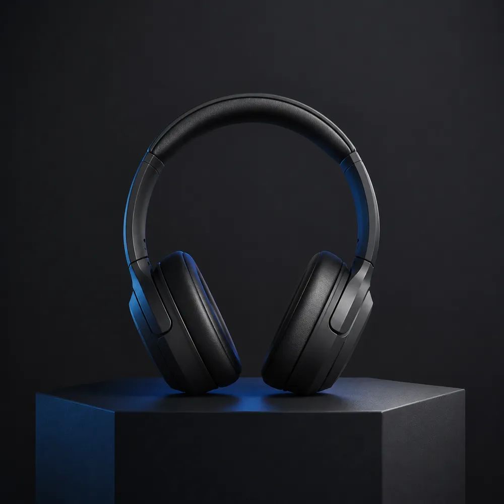 Headphones against a contrasting studio color