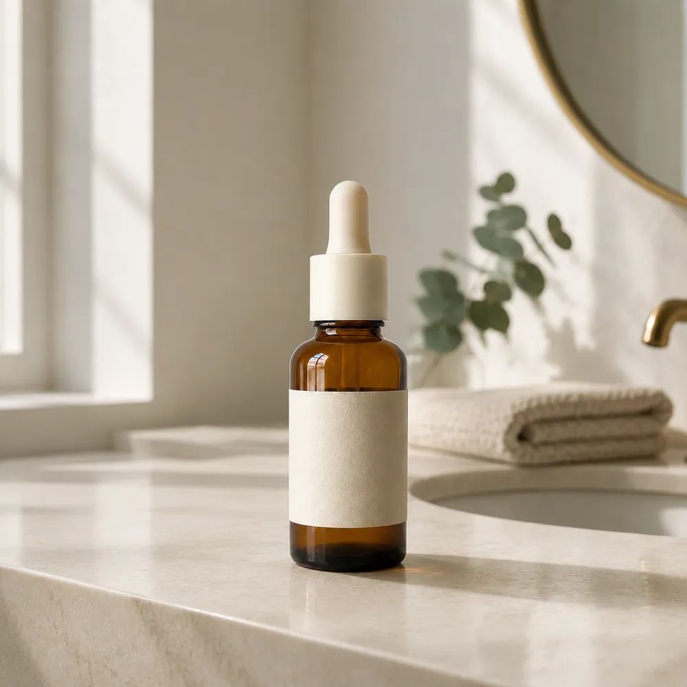 Skincare product with a softly blurred lifestyle background