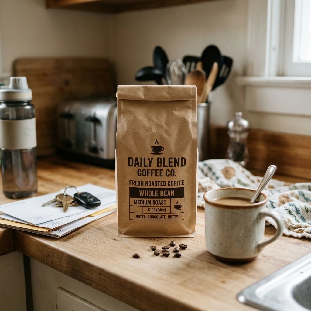 Coffee pouch in its original kitchen packing environment