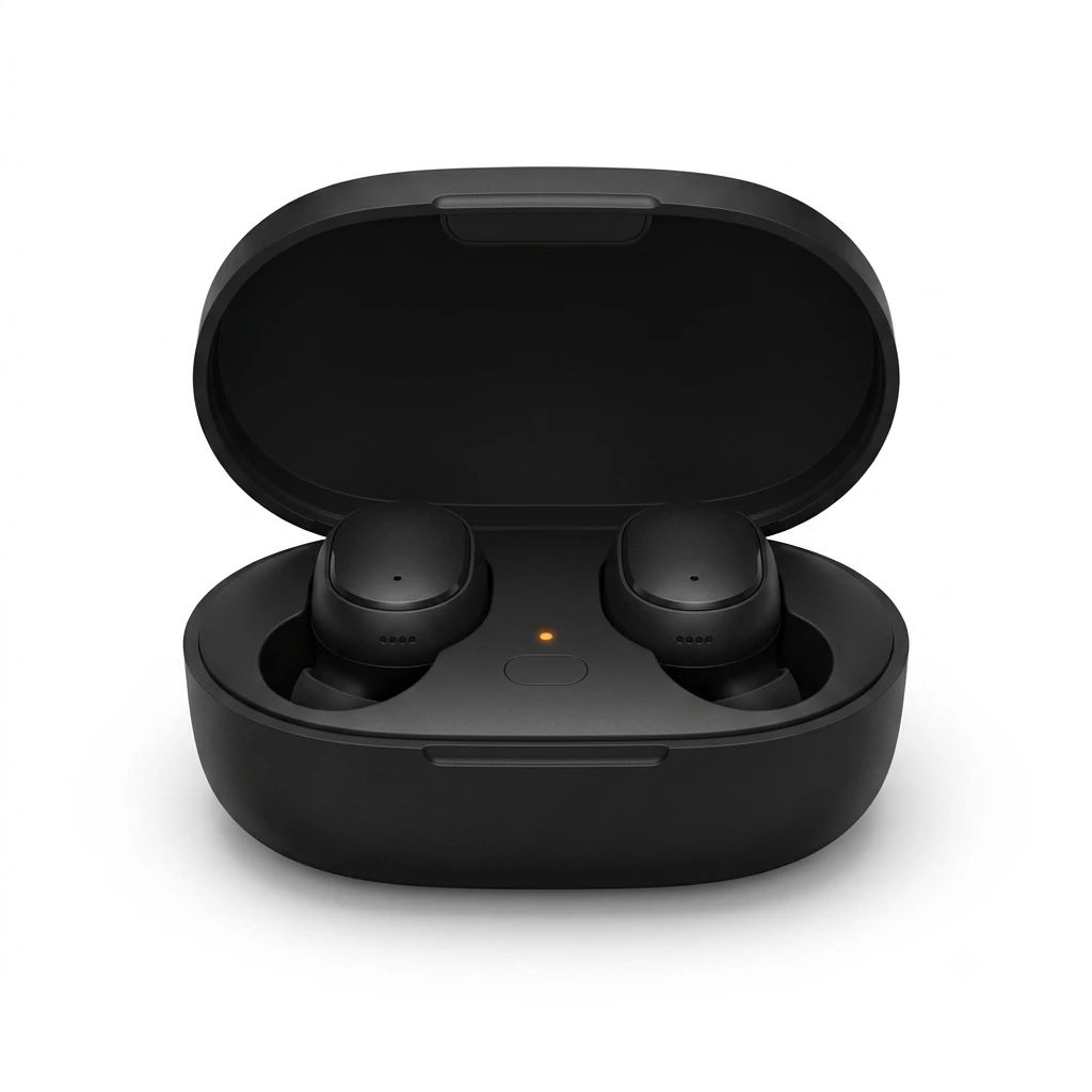 Open wireless earbuds charging case on a clean white background