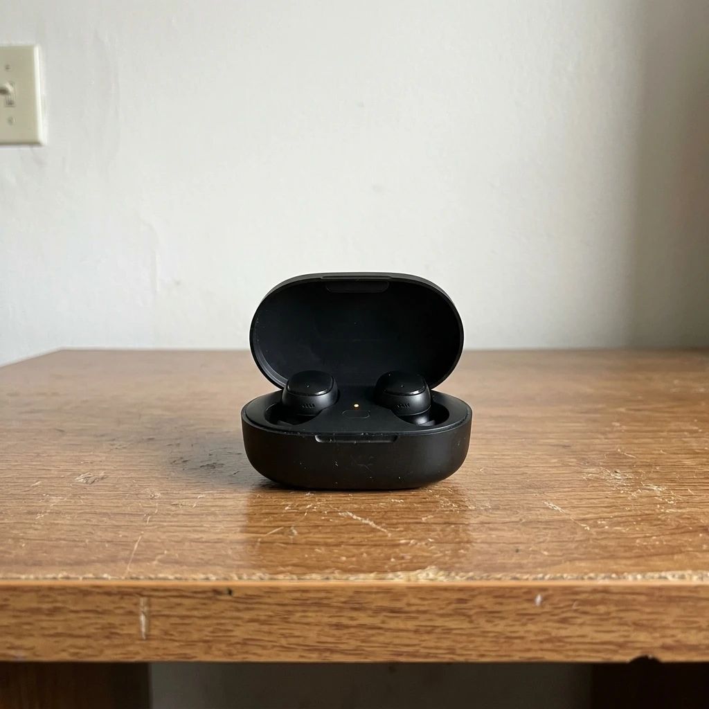 Wireless earbuds photographed on a small reseller's workbench