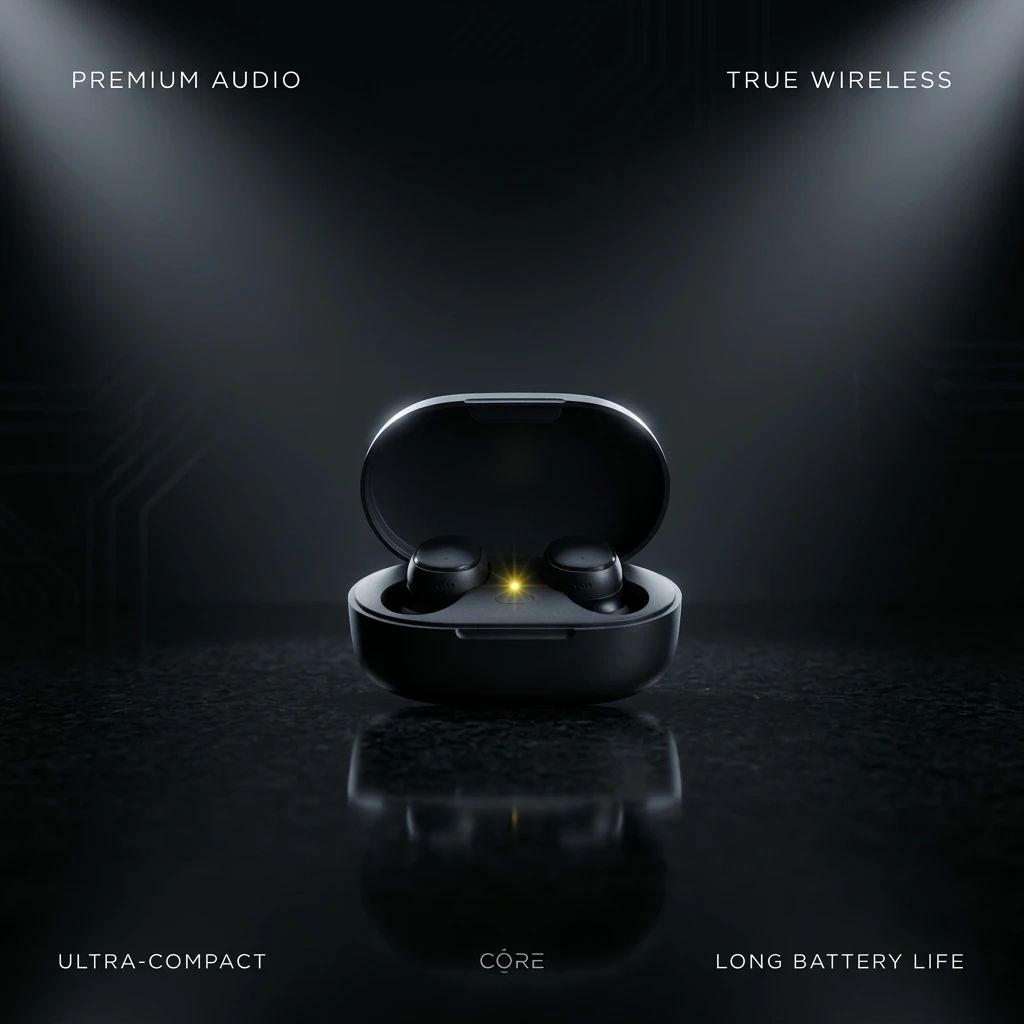 Wireless earbuds presented in a clean campaign composition for API-driven ecommerce workflows