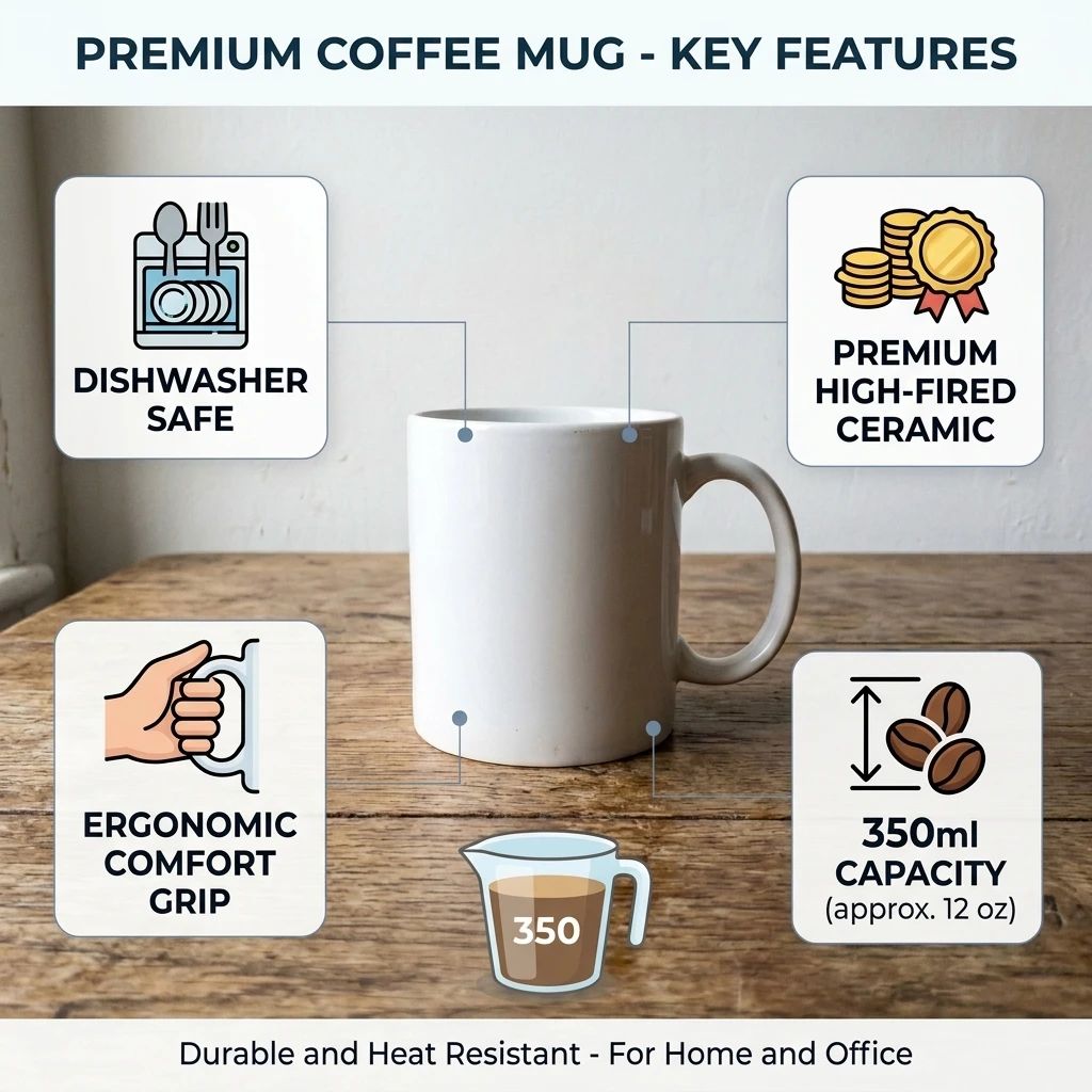 Coffee mug infographic with product callouts