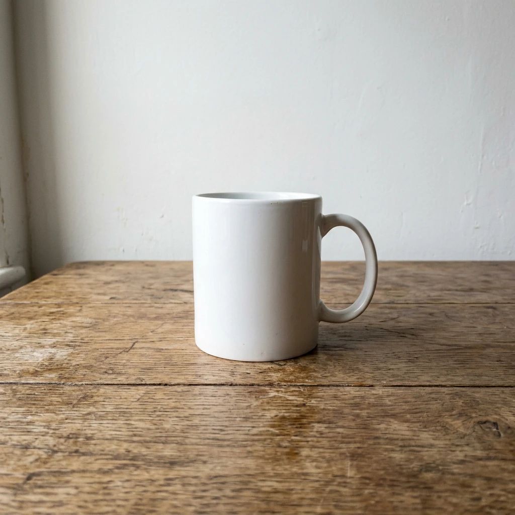 Original coffee mug photo on a cluttered tabletop