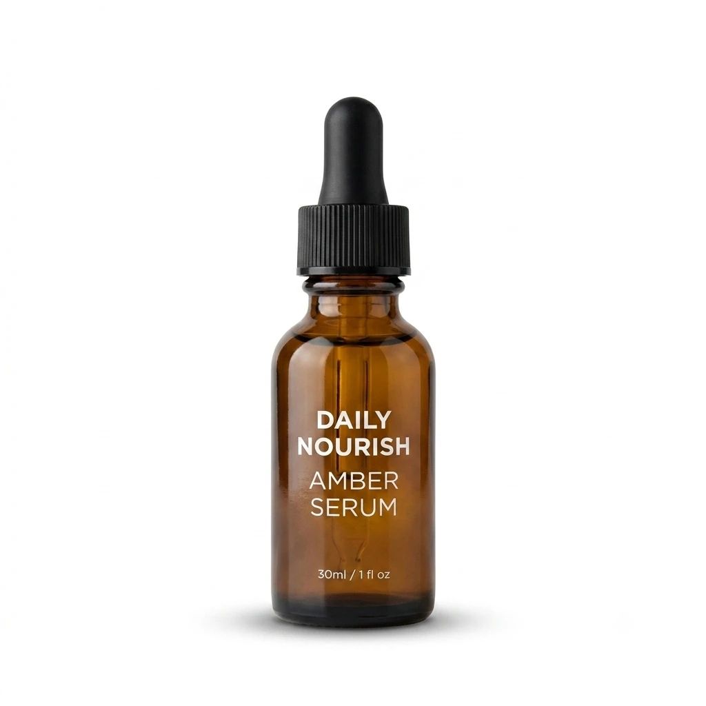 Amber serum bottle on a clean white background