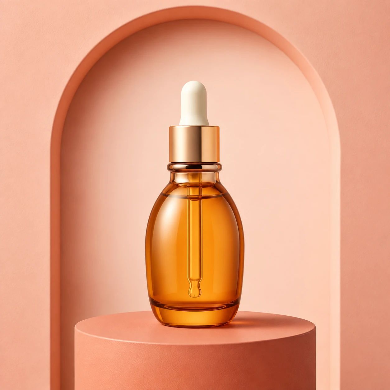 Beauty serum in a coral studio setting