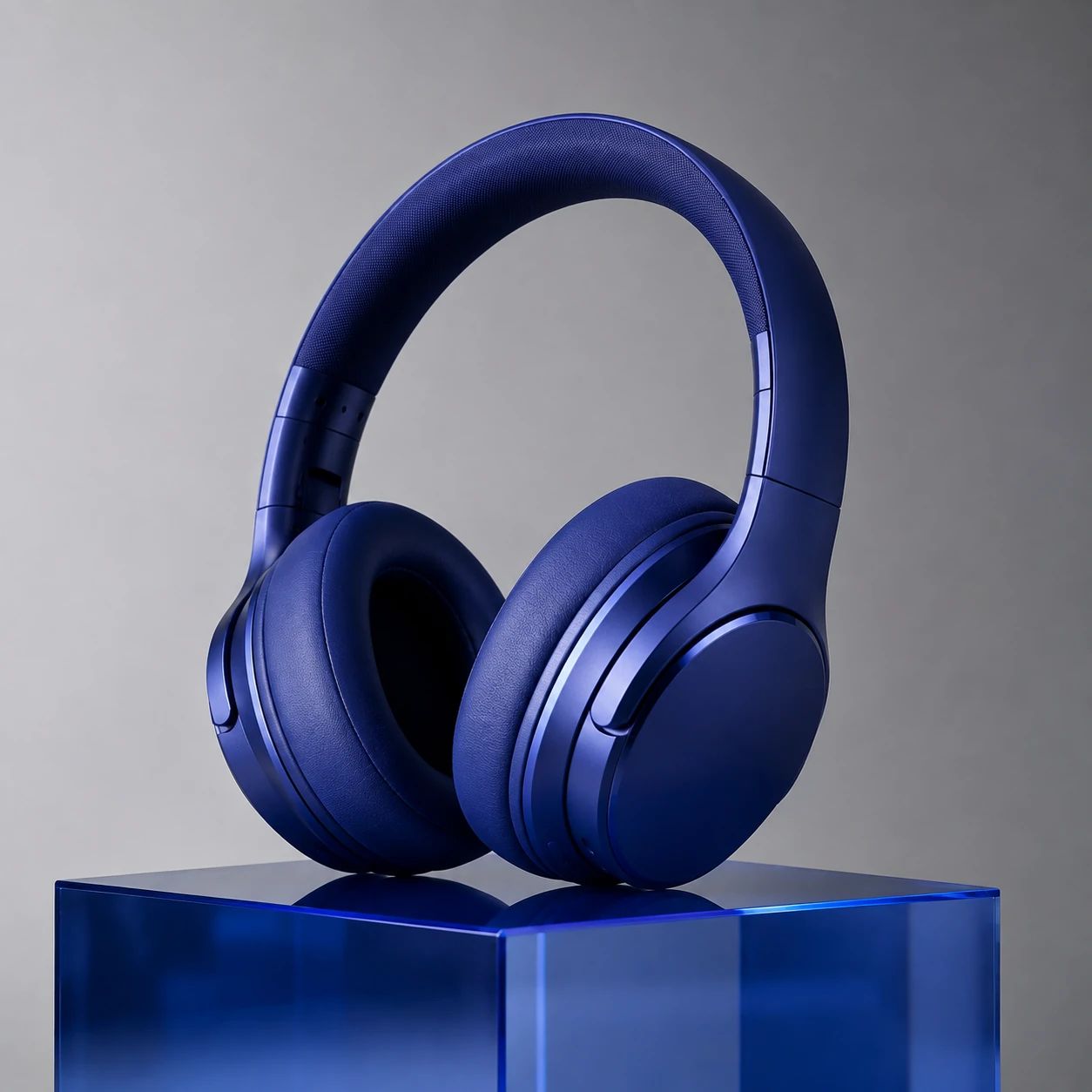 Headphones in a cobalt product setting