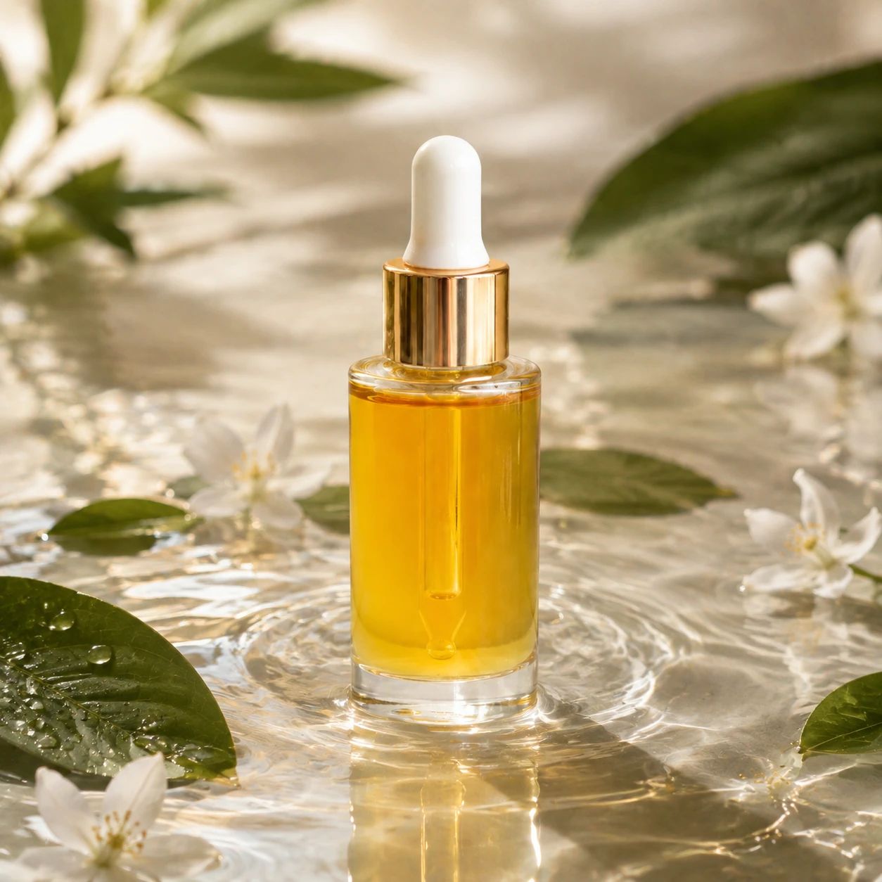 Same serum bottle in a botanical water setting